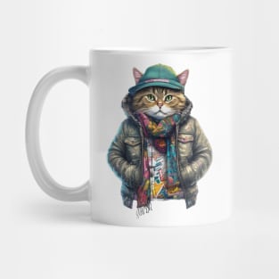 cute street cat wearing a jacket and hat Mug